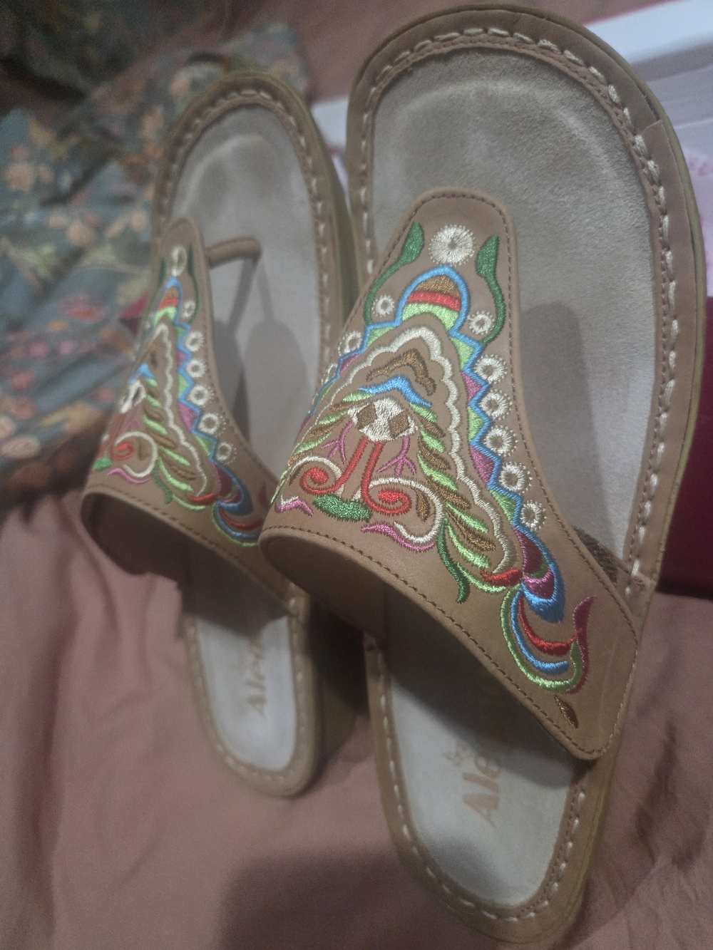 Alegria Tan Leather Slingback Sandals with Wooden Wedge - Picture 3 of 6